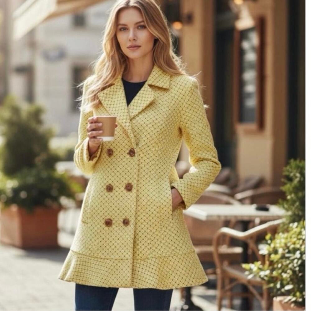 Cabi Coat - Hobnob Topper in a yellow geometric print Size XS
